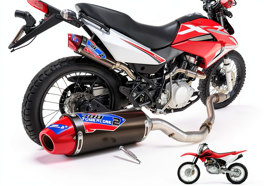 JFG RACING muffler installed on a dirt bike in a forest trail